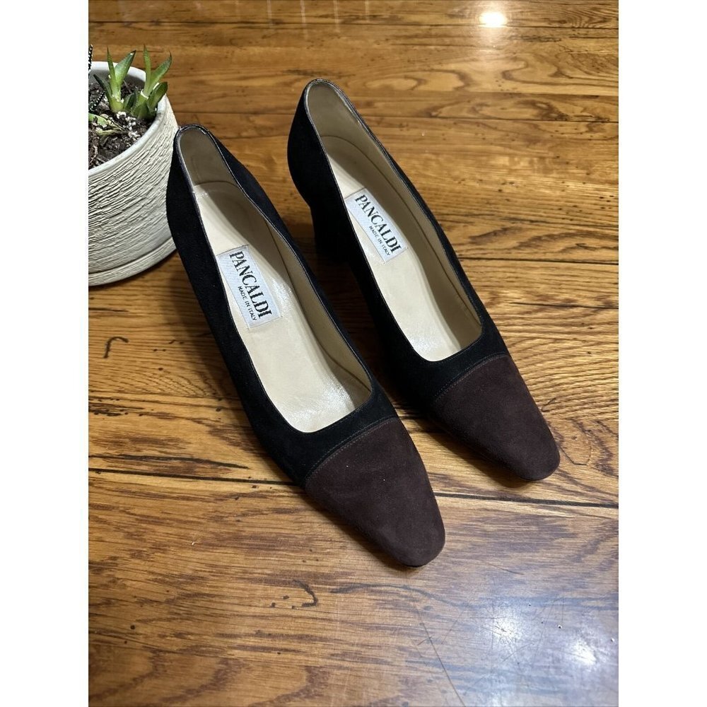 Pancaldi  Black Heels Brown Toe Pumps Shoes Leather Sz 8 AA Vintage 90' s